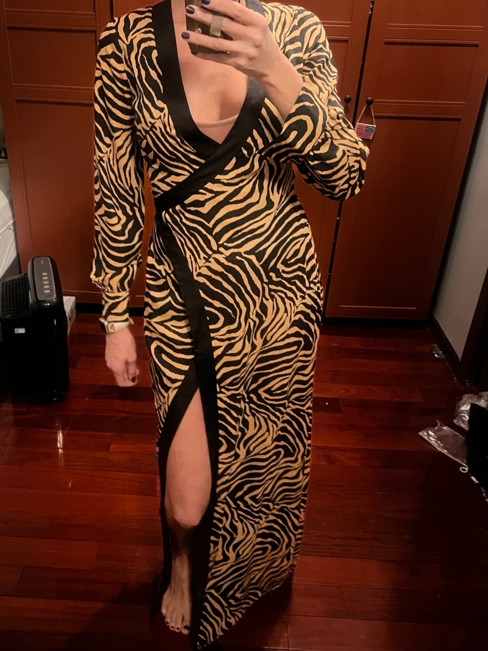 Long Zebra-Print Wrap Dress with Black Trim Tall girl friendly